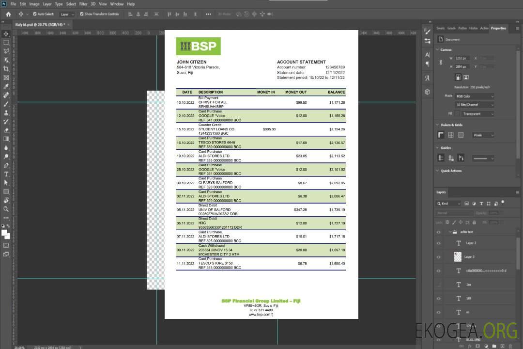 Relevé bancaire de la Fiji Bank of South Pacific template